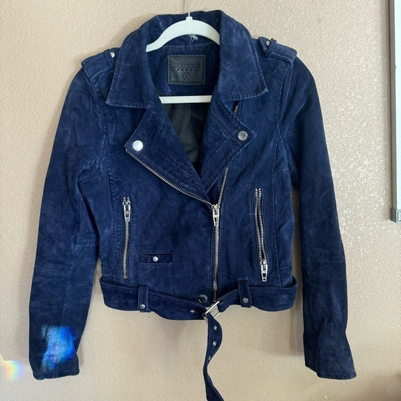 BLANK NYC Genuine Leather Navy Blue Moto Style Cropped Leather Jacket F - Picture 1 of 4